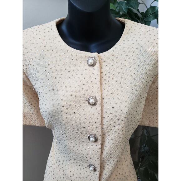 Leslie Fay Skirt Suit Set Women 10 Beige Glitter Dots Short Sleeve Button Front - Picture 11 of 14